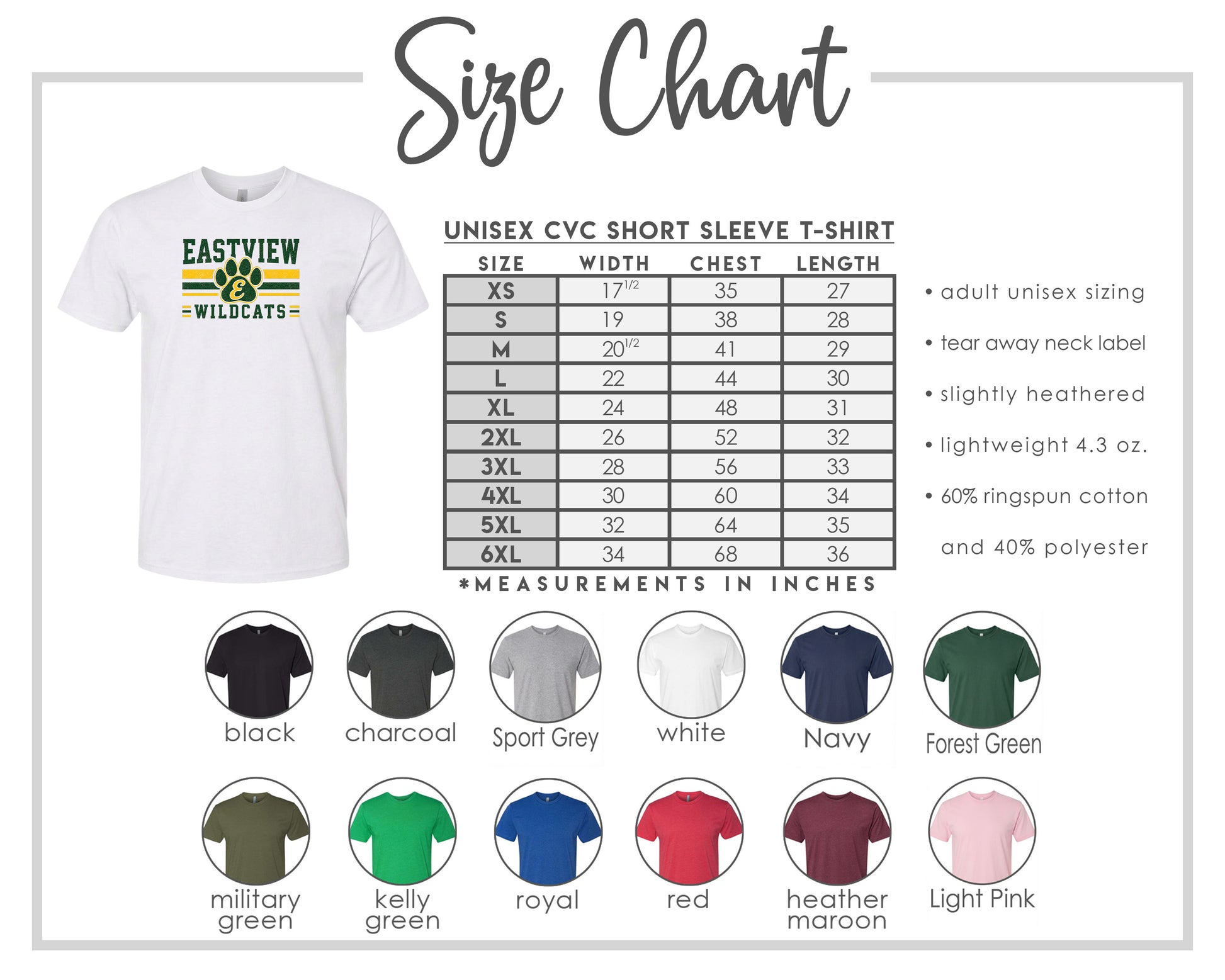 The image is a size chart for a white short sleeve t-shirt with a graphic of a cat and the text "EASTVIEW WILDCATS". The chart provides size measurements for different shirt sizes, including adult and child sizes, and includes color options for each size.