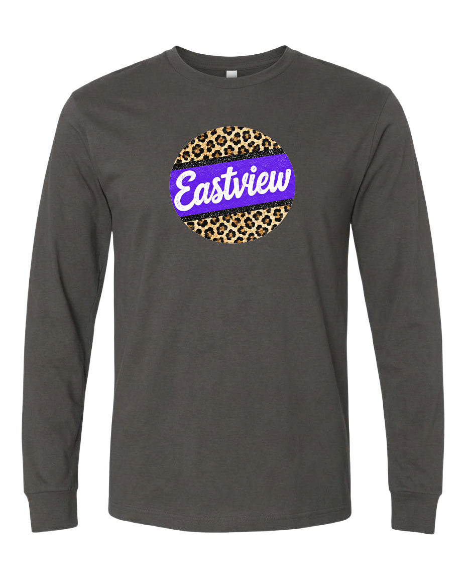A gray long-sleeved t-shirt with a circular graphic design on the front. The design consists of a leopard print pattern surrounding a purple banner with the word "Eastview" written on it.