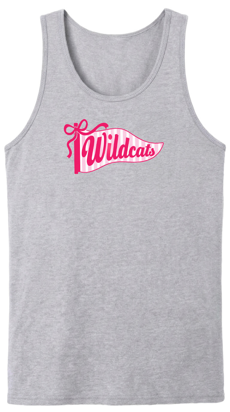 A gray tank top with a pink and white graphic design featuring the word "Wildcats" on it.