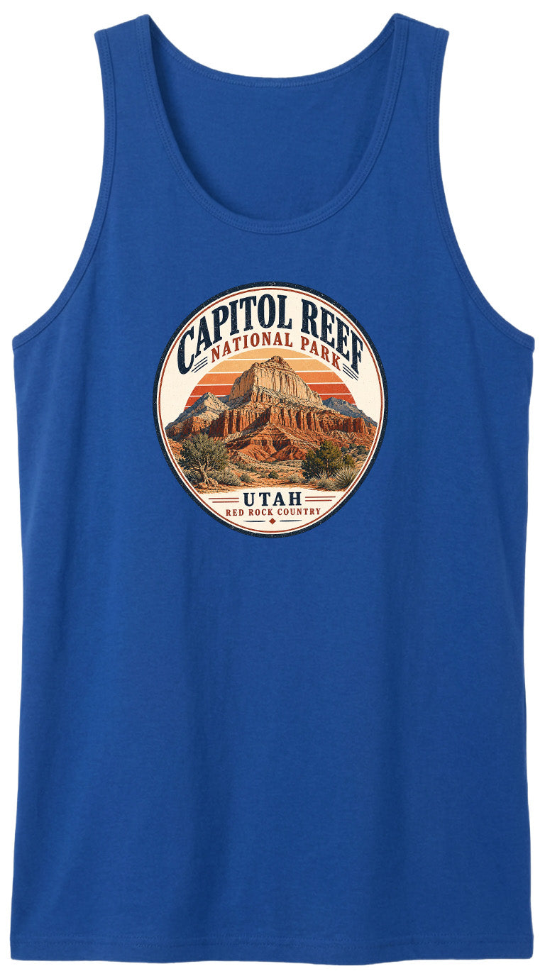 A blue tank top with a circular design featuring the Capitol Reef National Park in Utah.
