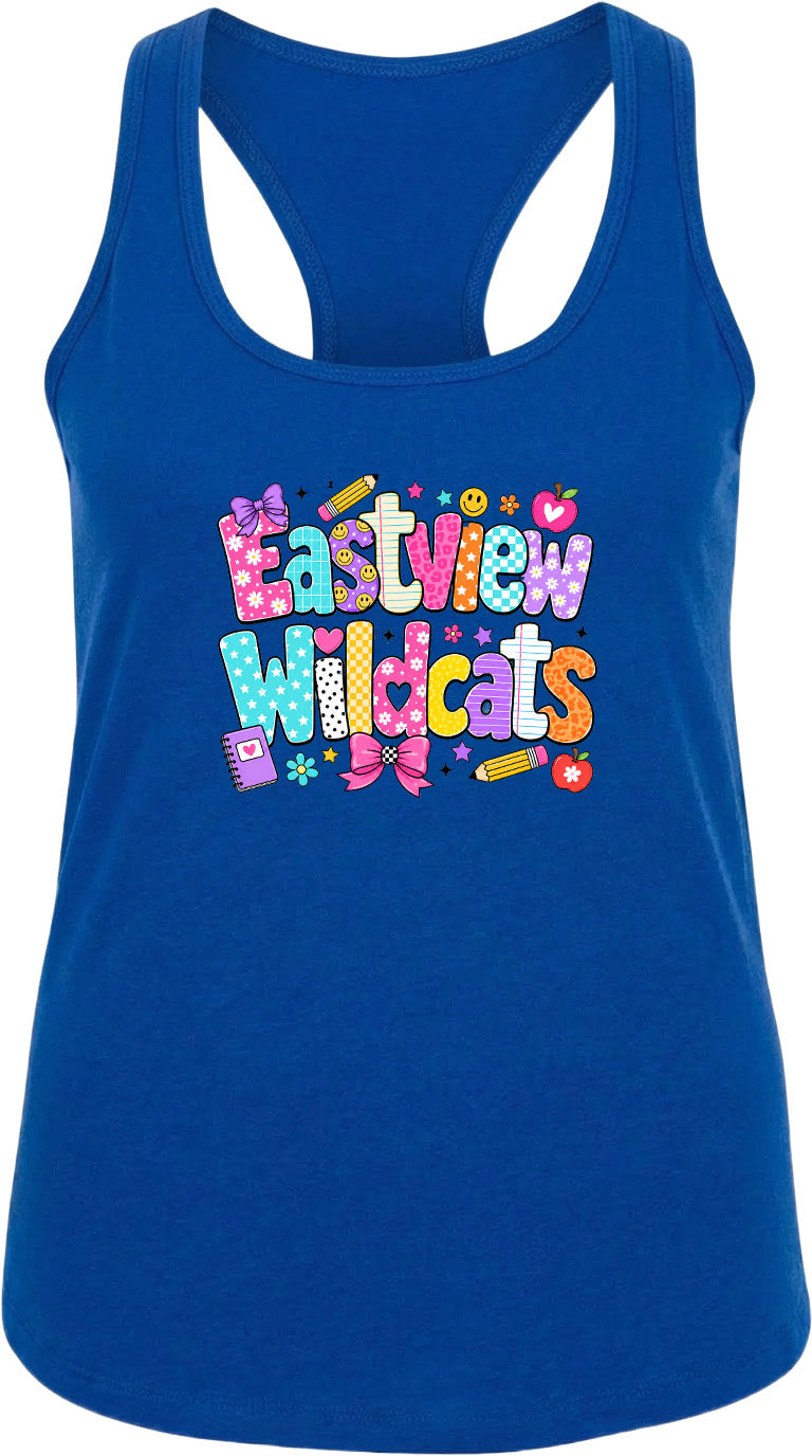 A blue tank top with a colorful graphic design featuring the text "Eastview Wildcats" and various decorative elements such as hearts, stars, and flowers.