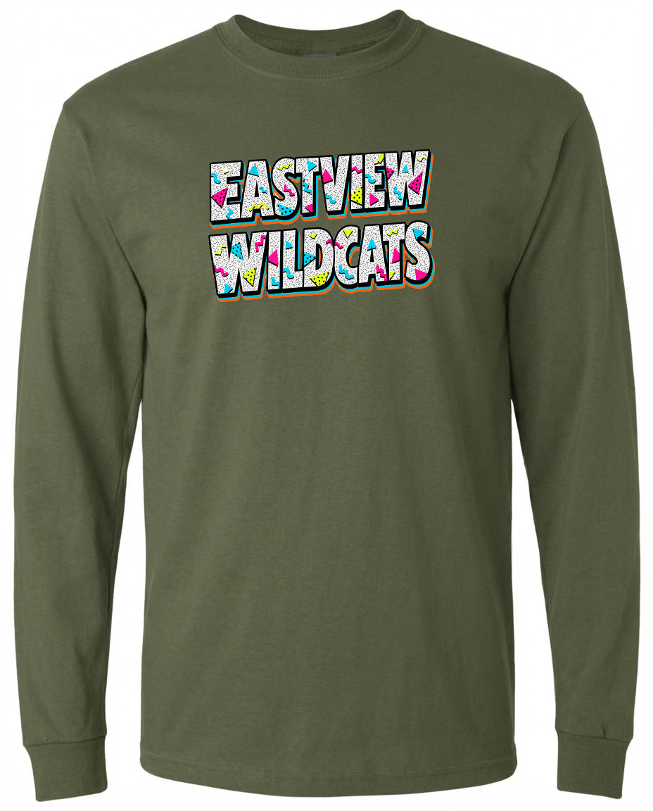 A long-sleeved olive green t-shirt with the text "EASTVIEW WILDCATS" printed on it in a colorful, stylized font.