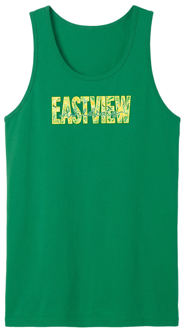 A green tank top with the word "EASTVIEW" printed on it in a stylized font.