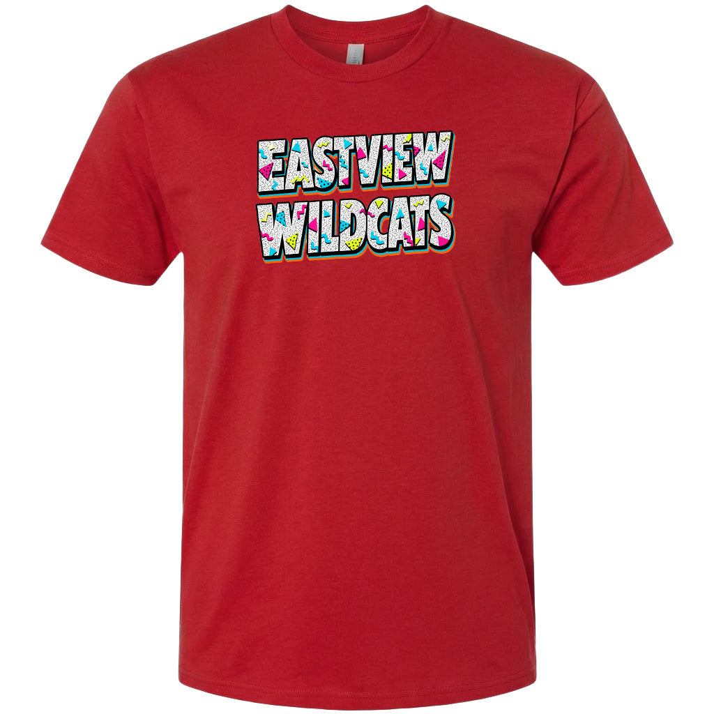A red t-shirt with the text "EASTVIEW WILDCATS" printed on it.