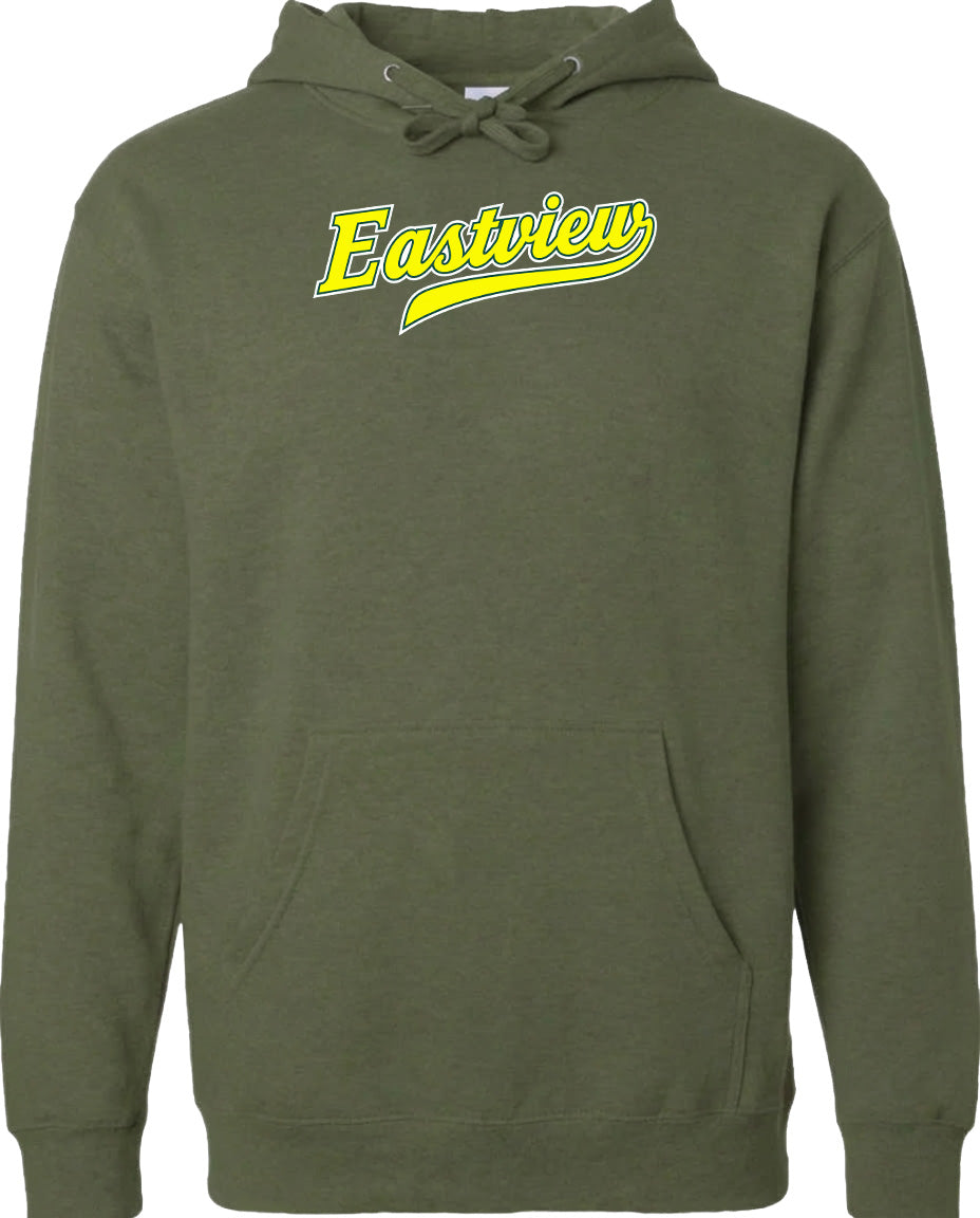 A green hoodie with a yellow logo on the front.