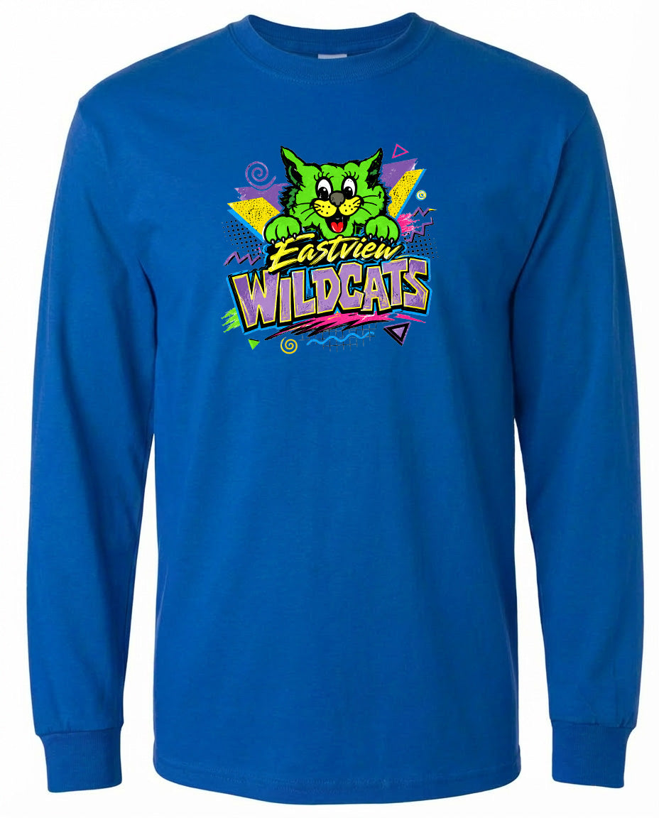 A blue long-sleeved shirt with a colorful graphic design featuring a cartoon cat and the text "Eastview WILDCATS".