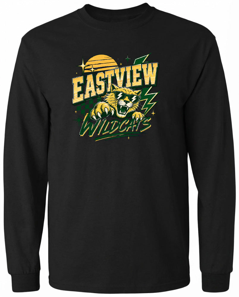 A black long-sleeved shirt with a graphic design featuring a yellow sun and lightning bolts, along with the text "EASTVIEW WILDCATS".