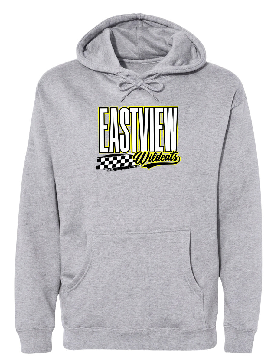 A gray hoodie with a graphic design featuring the text "EASTVIEW Wildcats" in yellow and black.
