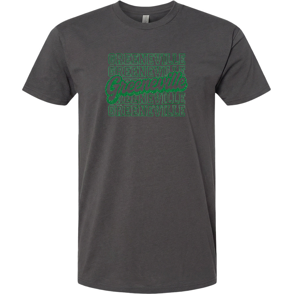 A gray t-shirt with a green graphic design featuring the text "Greenville" repeated in a pattern.