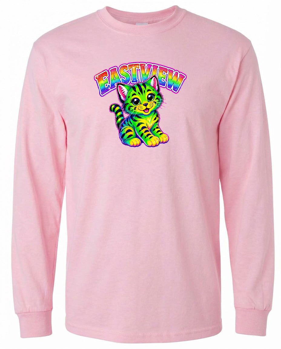 A pink long-sleeved t-shirt with a colorful graphic of a cat and the text "EASTVIEW" printed on it.