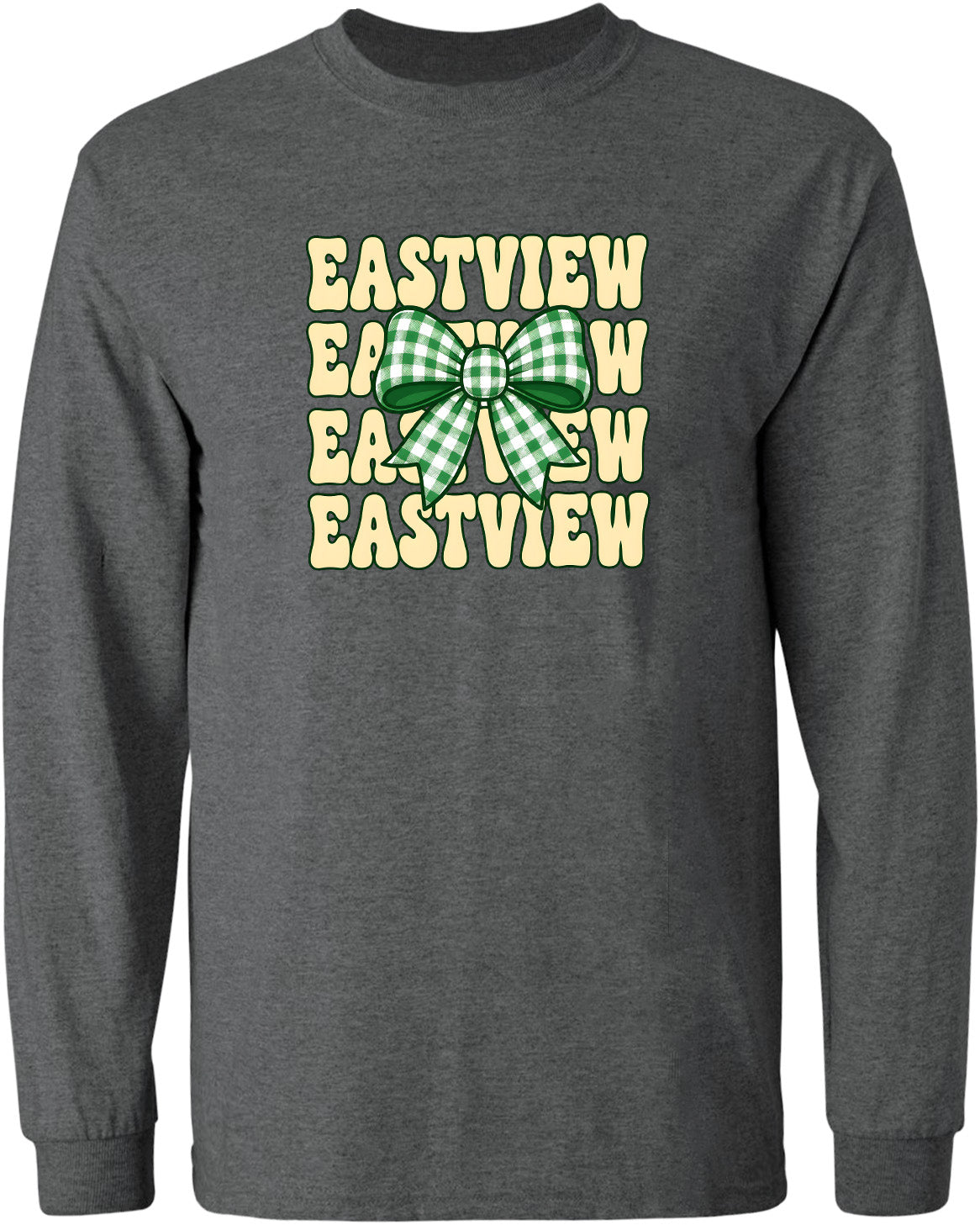 A gray long-sleeved shirt with a graphic design featuring a green and white checkered bow and the text "EASTVIEW" repeated in a vertical pattern.