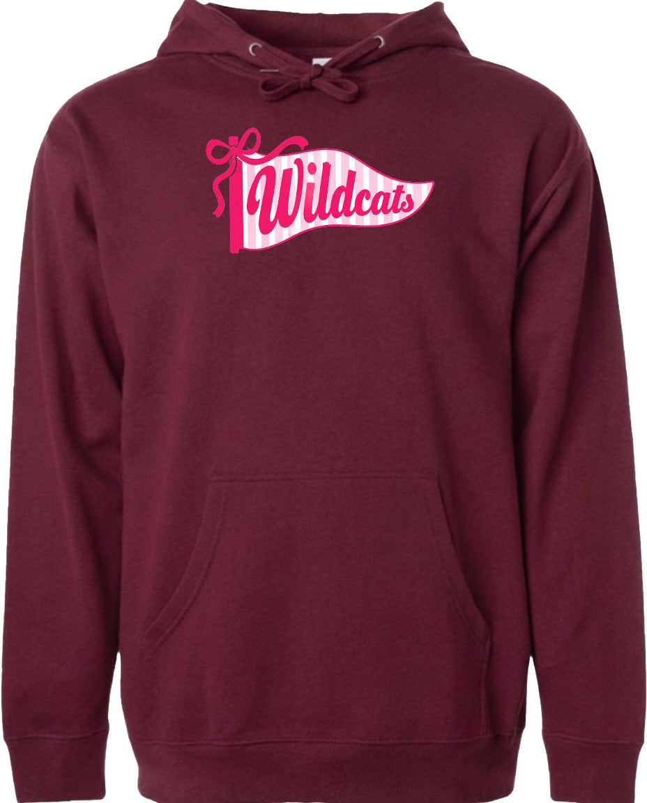 A burgundy hoodie with a pink and white banner that says "Wildcats" on the front.