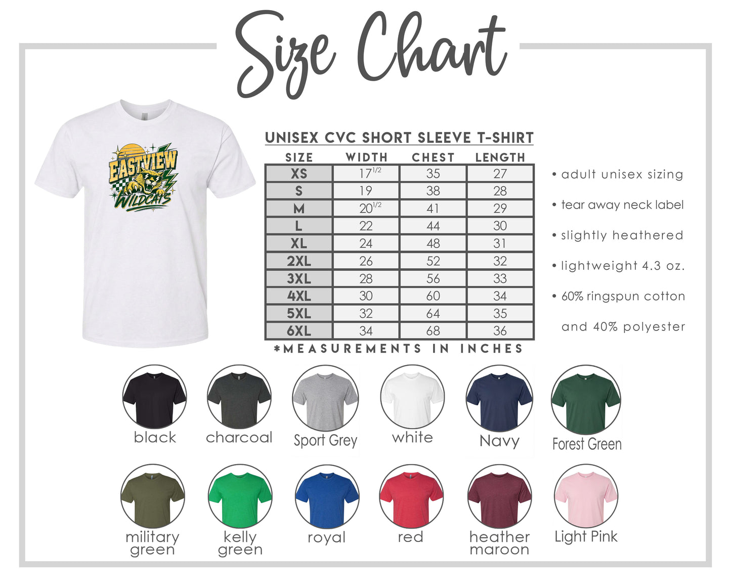 The image is a size chart for a white short sleeve t-shirt, including various color options and corresponding measurements in inches.