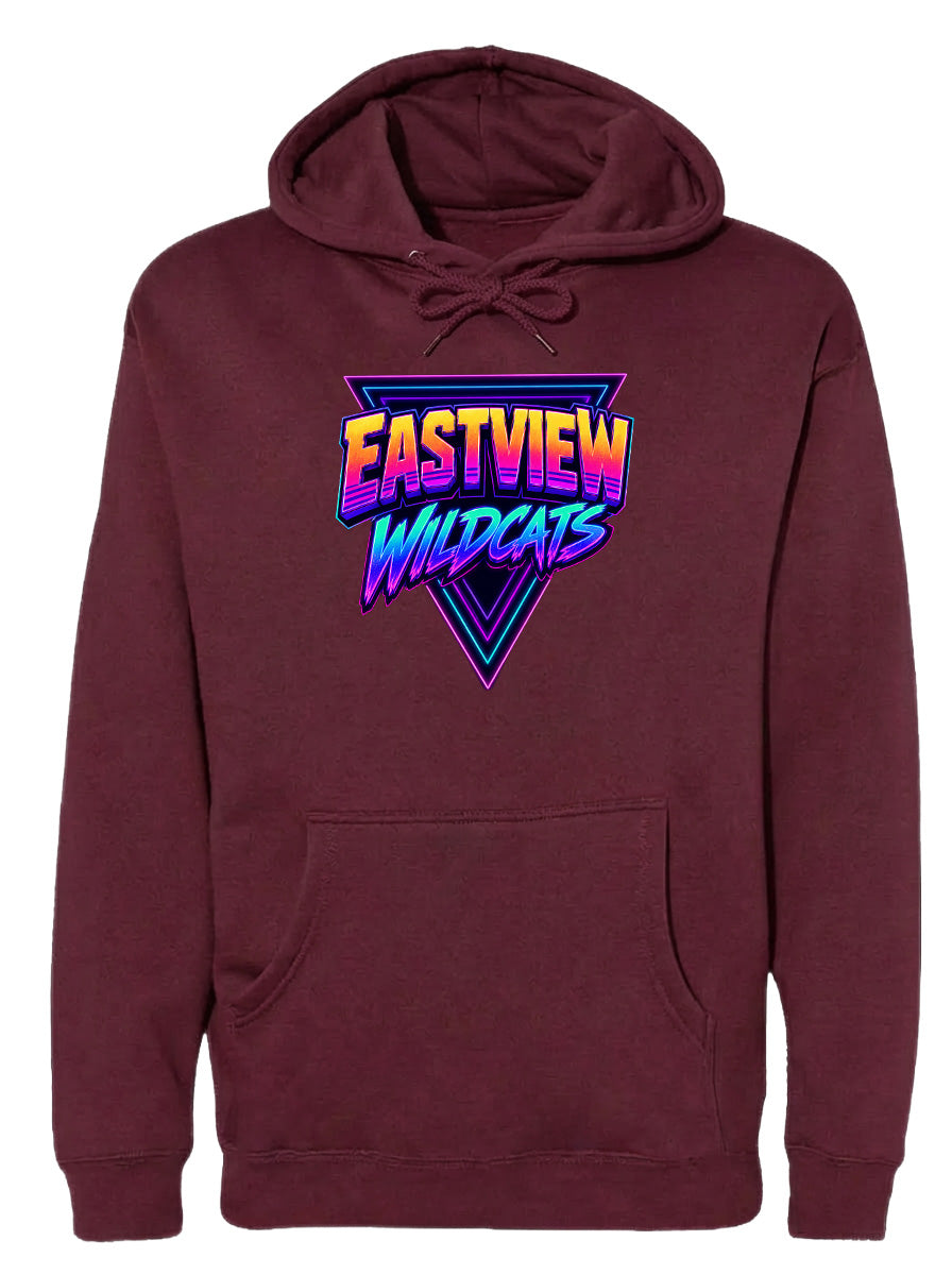A burgundy hoodie with a graphic design featuring the text "EASTVIEW WILDCATS" in a colorful, retro-style font.