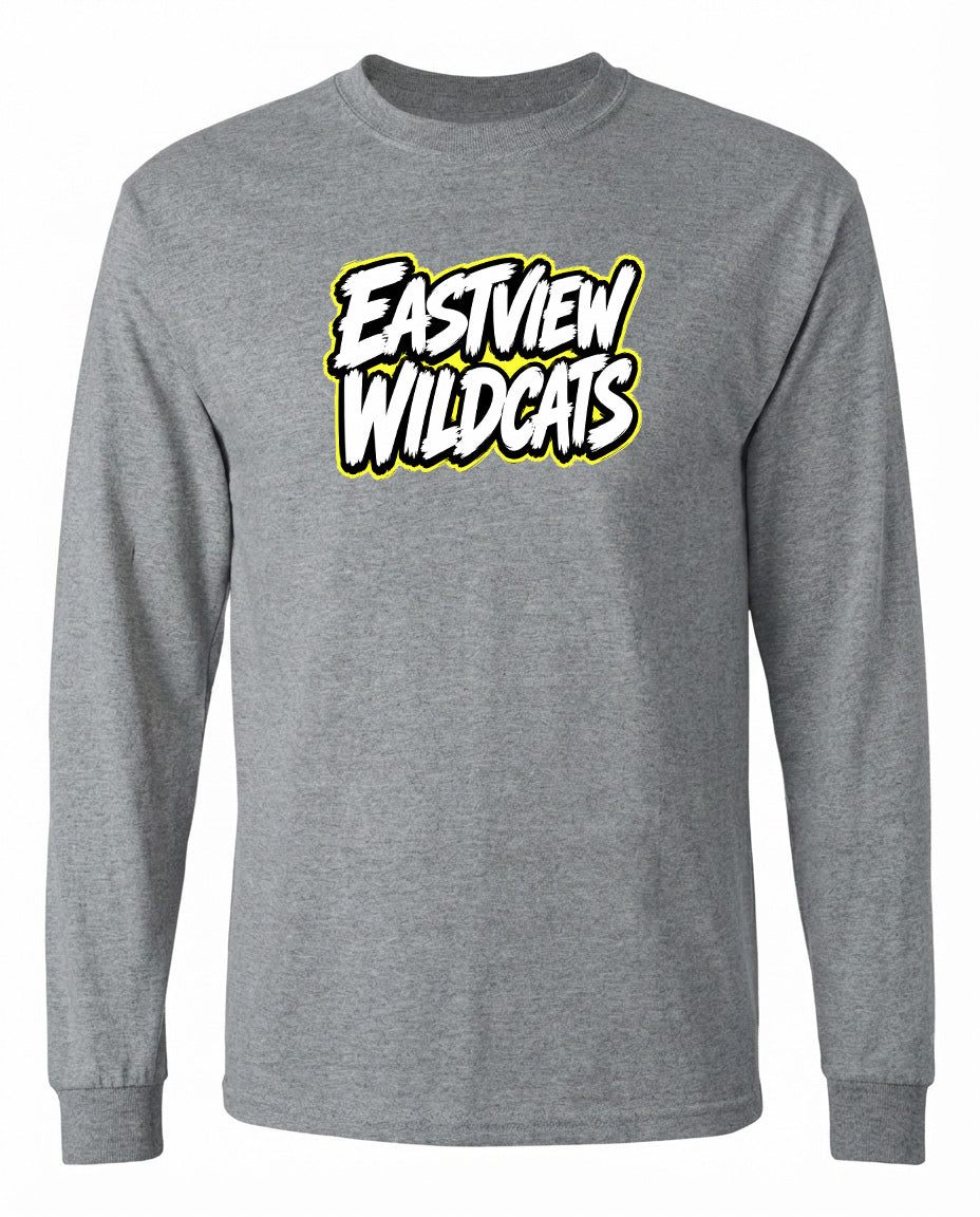 A gray long-sleeved t-shirt with the text "EASTVIEW WILDCATS" printed on it in a stylized font.