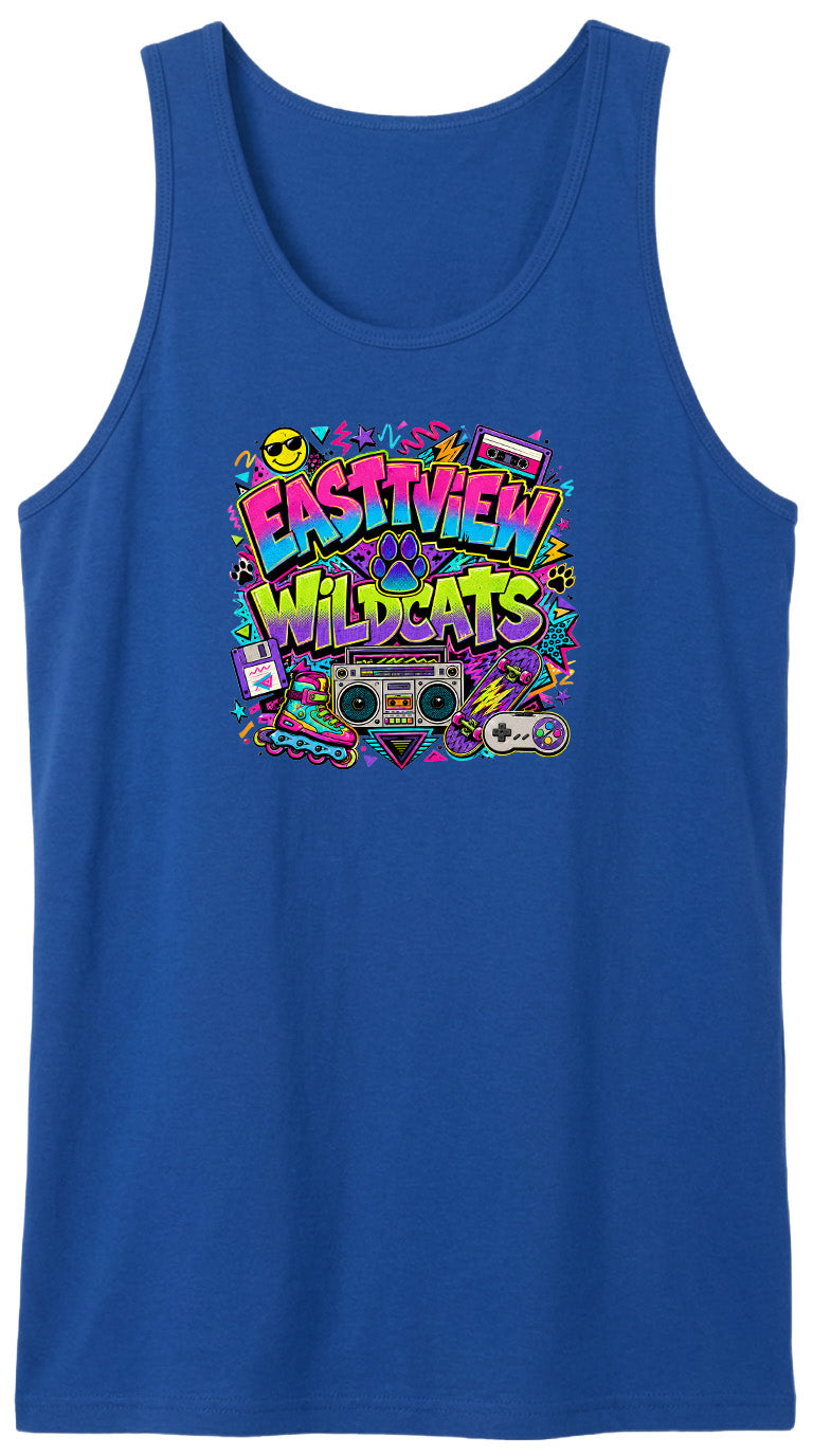 A blue tank top with a colorful graphic design featuring the text "EASTVIEW WILDCATS" surrounded by various icons and elements, such as a boombox, cassette tape, and other retro-style objects.