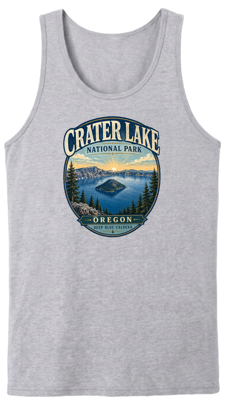A gray tank top with a graphic design depicting Crater Lake National Park in Oregon.