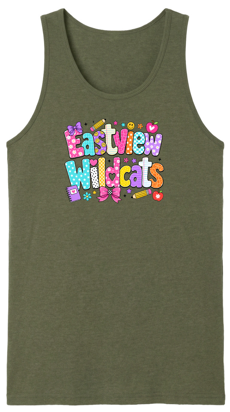 A green tank top with a colorful graphic design featuring the text "Eastview Wildcats" in a playful, cartoon-like font.