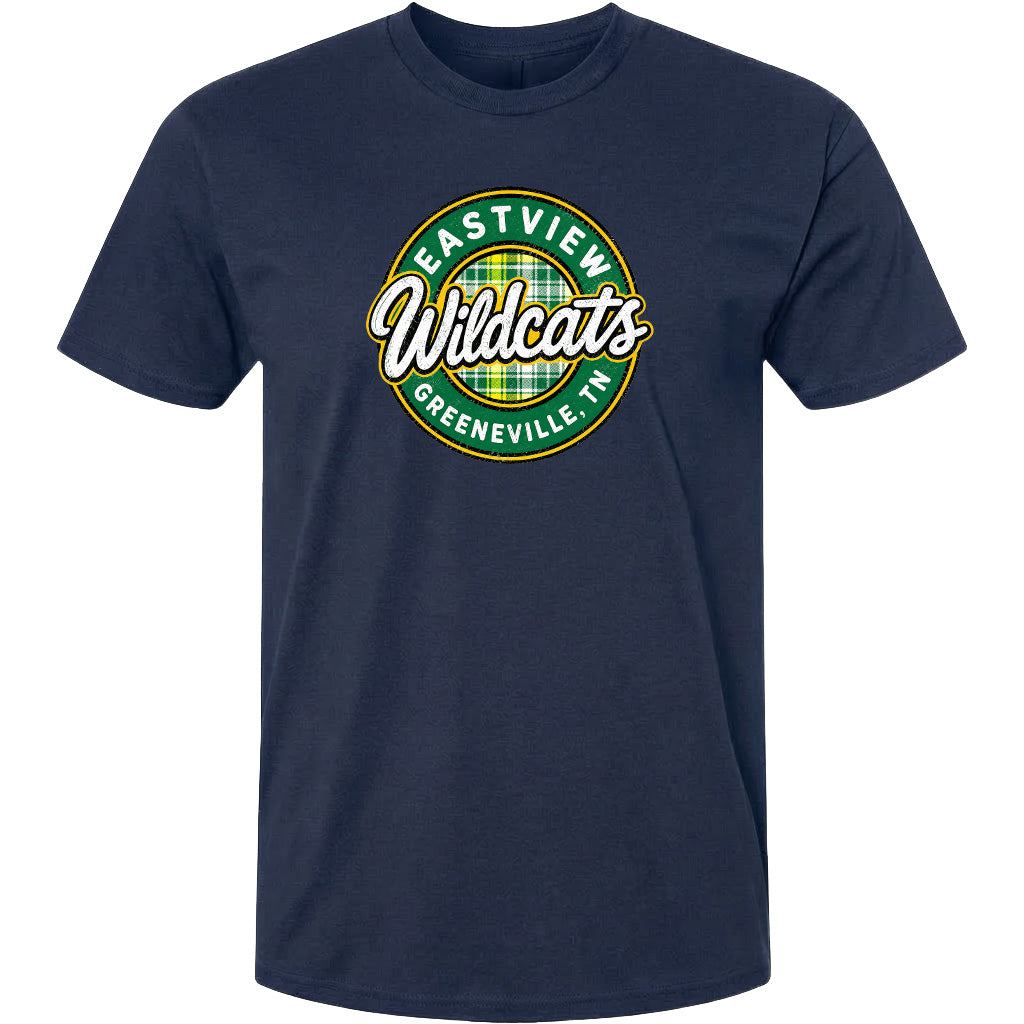 A navy blue t-shirt with a circular logo that says "Eastview Wildcats Greeneville, TN".