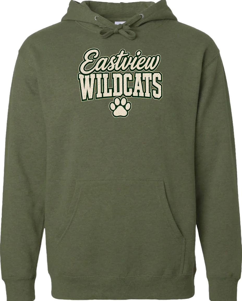 A green hoodie with the text "Eastview Wildcats" printed on it.