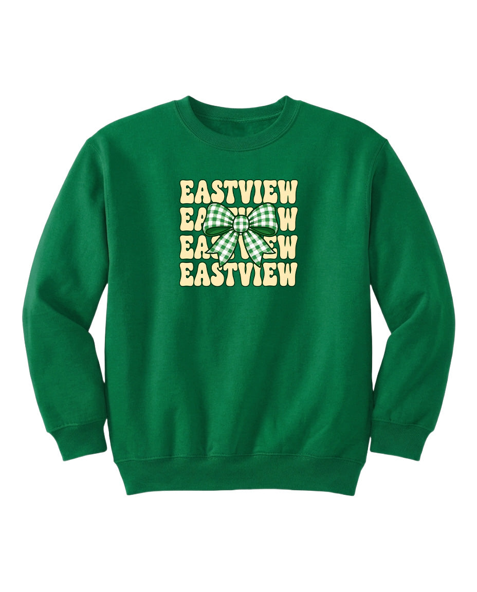 A green sweatshirt with a graphic design featuring the text "EASTVIEW" in a stylized font.