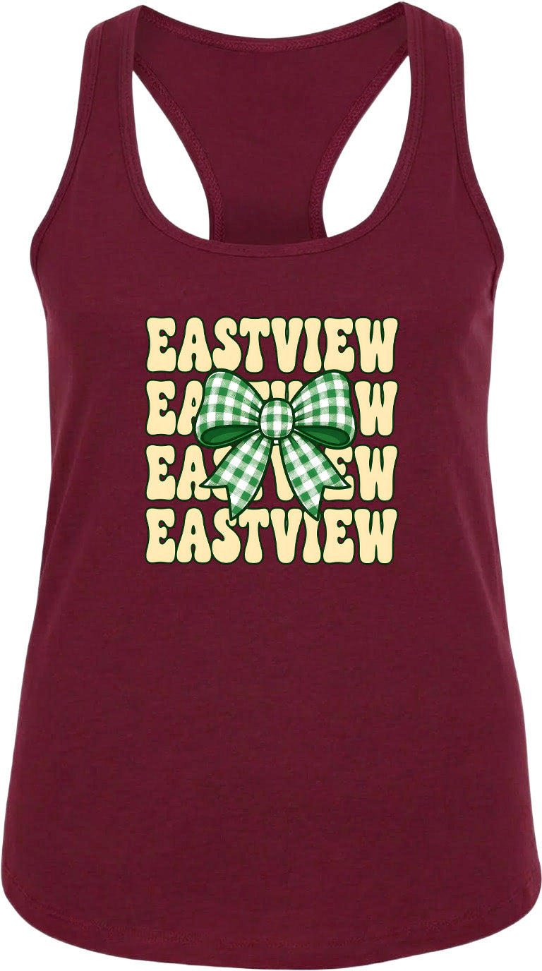 A burgundy tank top with a graphic design featuring a green and white checkered bow and the text "EASTVIEW EASTVIEW EASTVIEW" repeated in a vertical orientation.
