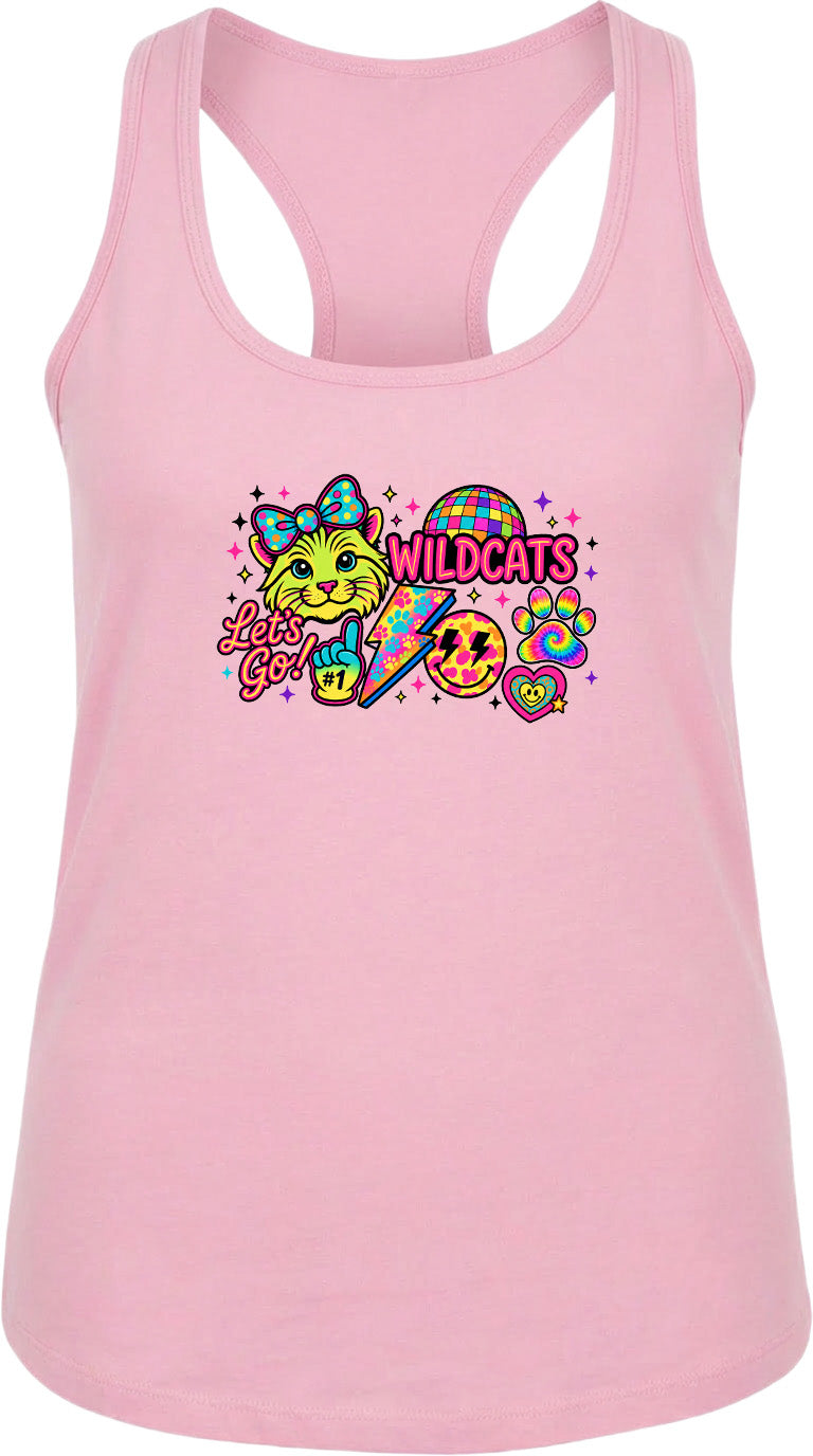A pink tank top with a colorful graphic design featuring a cat, a disco ball, and the text "Wildcats" along with a peace sign.