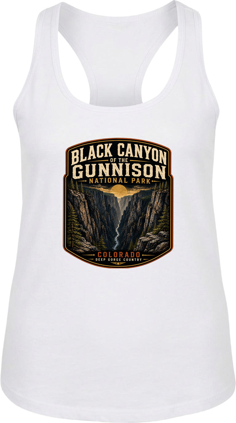 A white tank top with a graphic design depicting the Black Canyon of the Gunnison National Park in Colorado.