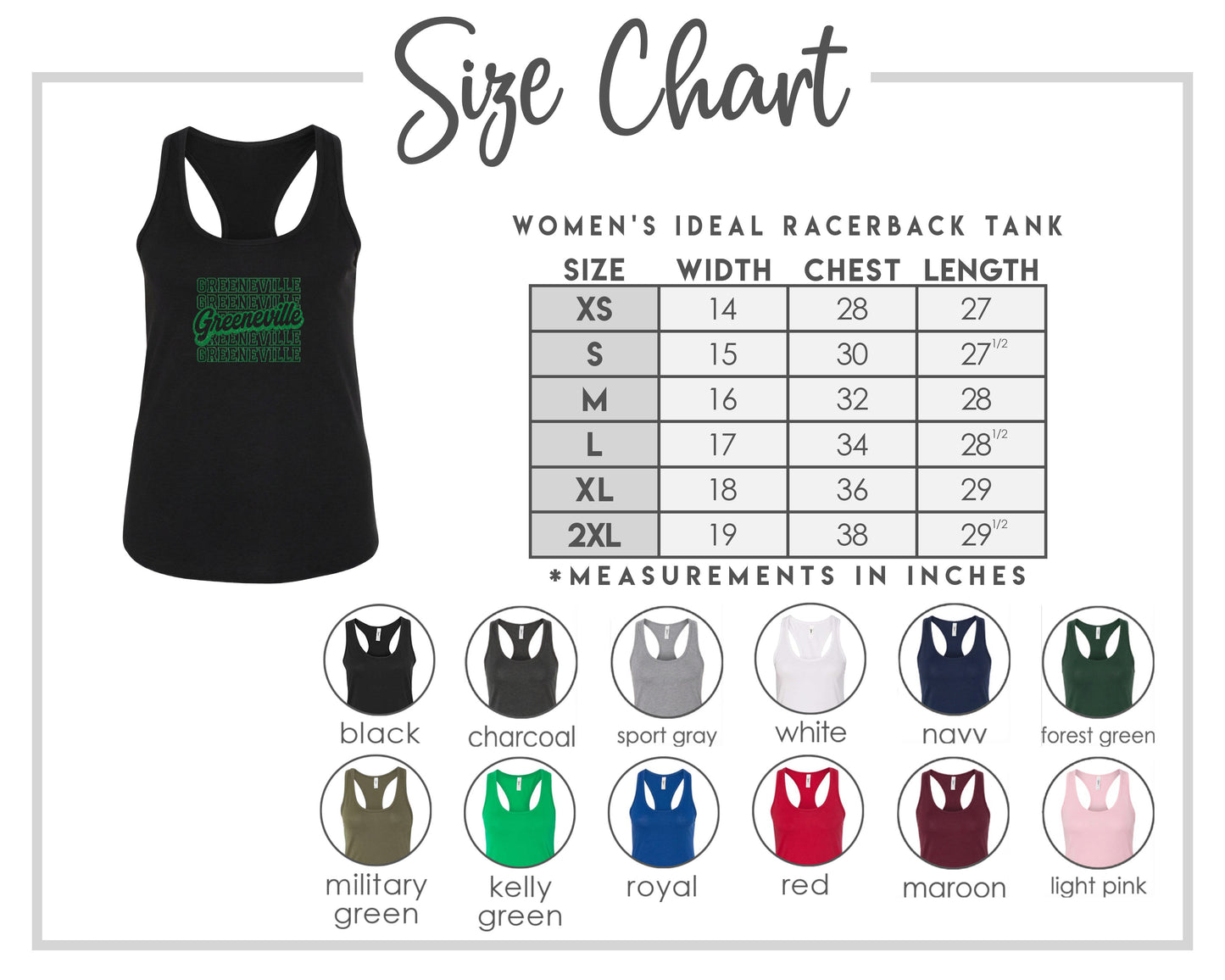 The image is a size chart for a women's ideal racerback tank, including various color options and corresponding chest length measurements in inches.