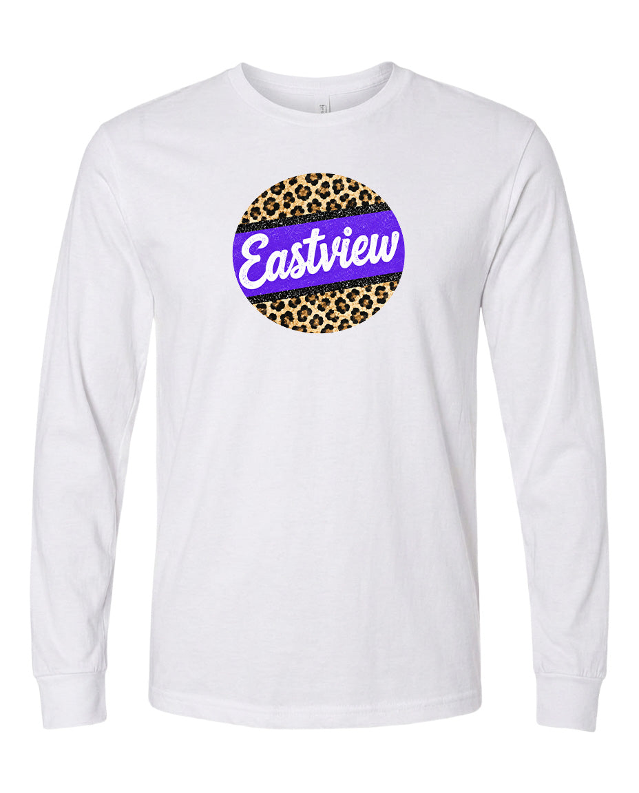 A white long-sleeved t-shirt with a circular graphic design featuring a leopard print pattern and the word "Eastview" written in purple text.