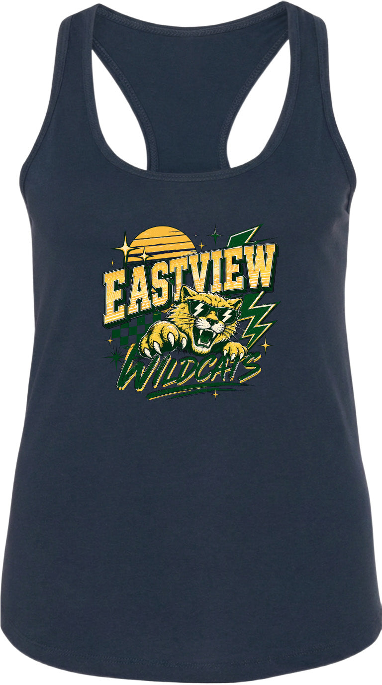 A navy blue tank top with a graphic design featuring a cat and the text "EASTVIEW WILDCATS" printed on it.