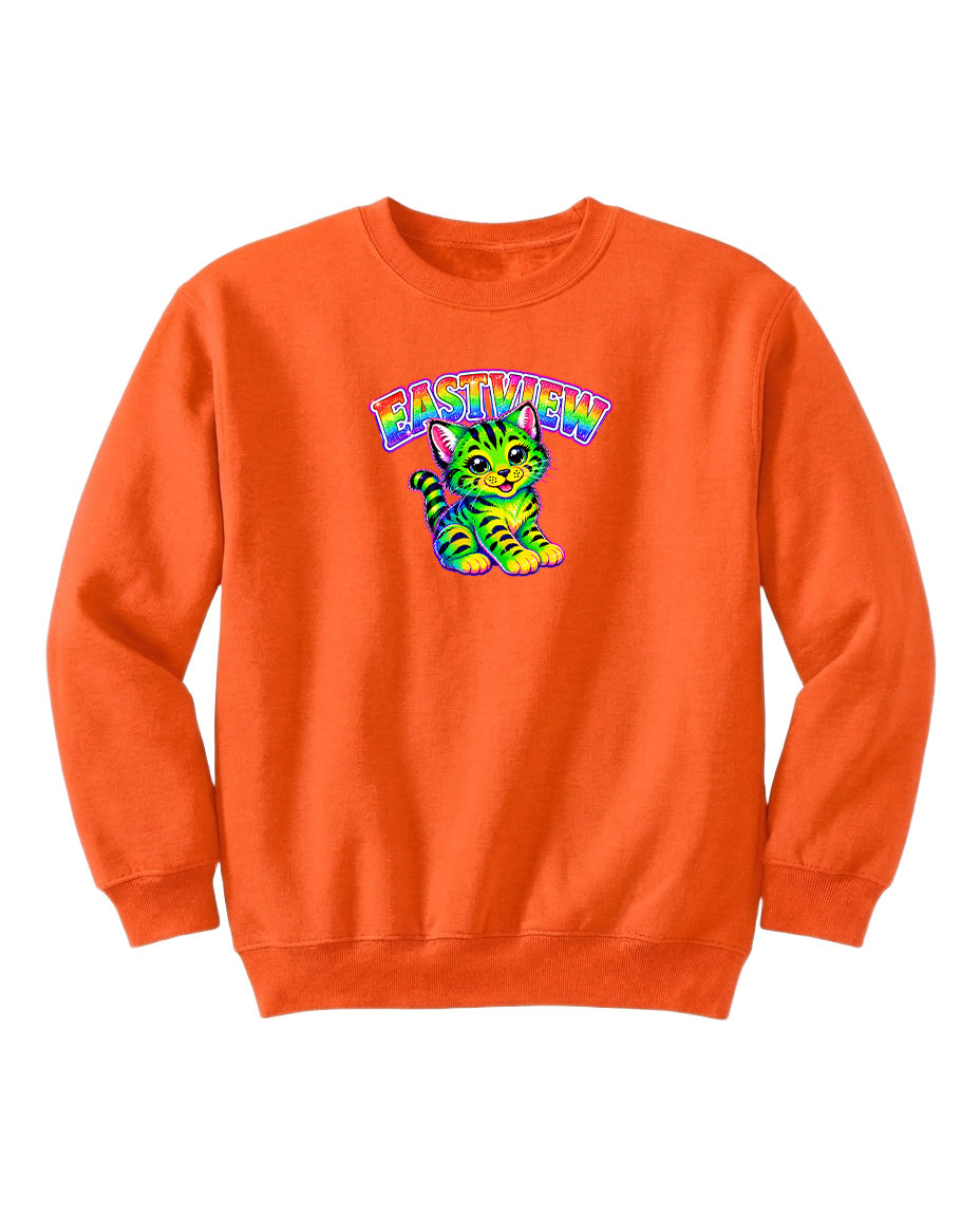 An orange sweatshirt with a colorful graphic of a cat and the word "EASTVIEW" printed on it.