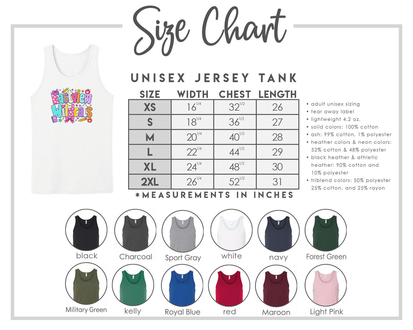 The image is a size chart for a unisex jersey tank, providing measurements and corresponding tank sizes for different chest lengths.
