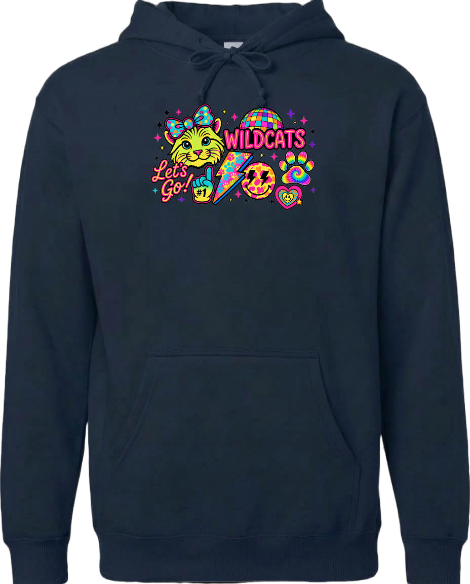 A hoodie with a colorful graphic design featuring a cat, a rainbow, and various other elements.