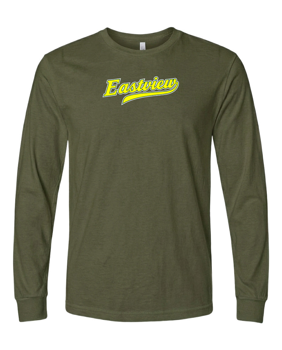 A dark green long-sleeved t-shirt with a yellow logo on the front.