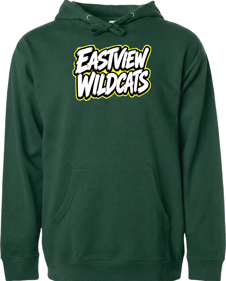 A dark green hoodie with a logo on the front.