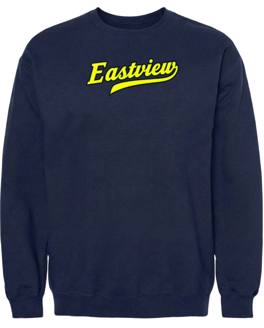 A navy blue sweatshirt with the word "Eastview" printed in yellow on the front.