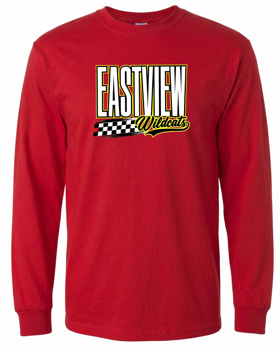 A red long-sleeved t-shirt with a graphic design featuring the text "EASTVIEW Wildcats" in a stylized font.