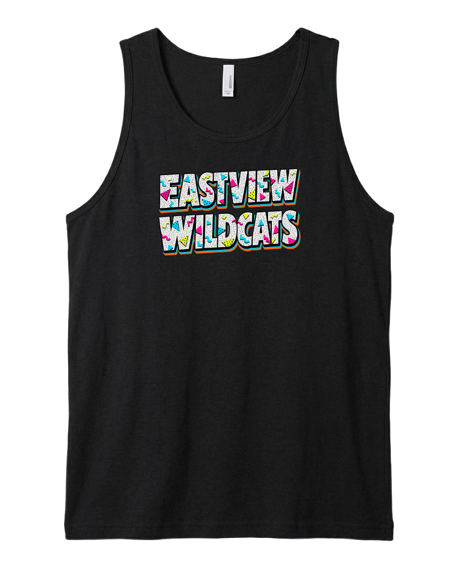 A black tank top with the text "EASTVIEW WILDCATS" printed on it in a colorful, stylized font.