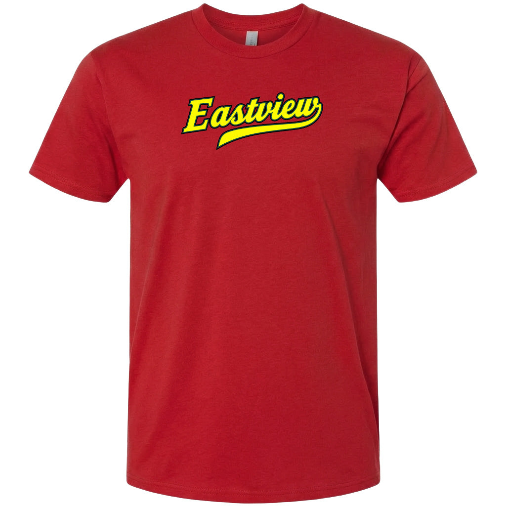 A red t-shirt with the word "Eastview" printed on it in yellow text.