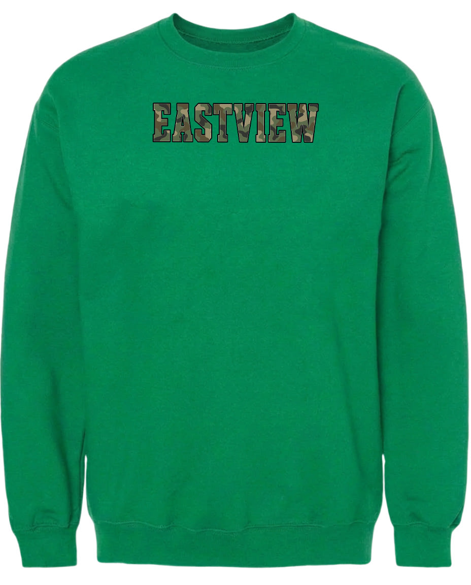 A bright green sweatshirt with the word "EASTVIEW" printed on it in a stylized font.