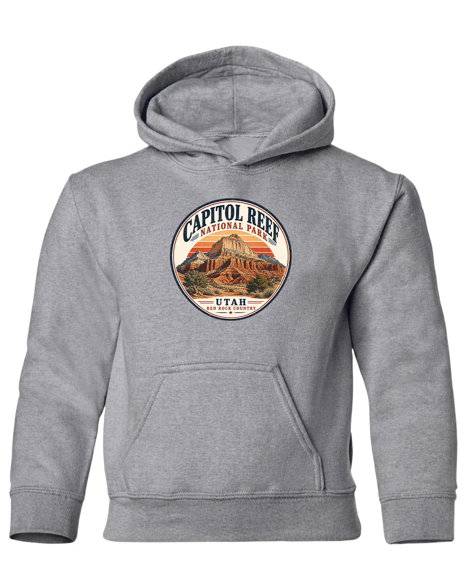 A gray hooded sweatshirt with a circular design featuring the Capitol Reef National Park logo.
