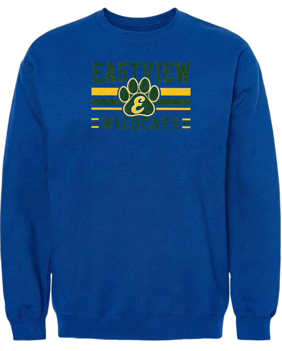 A blue sweatshirt with a graphic design featuring a paw print and the text "EASTVIEW WILDCATS" printed on it.
