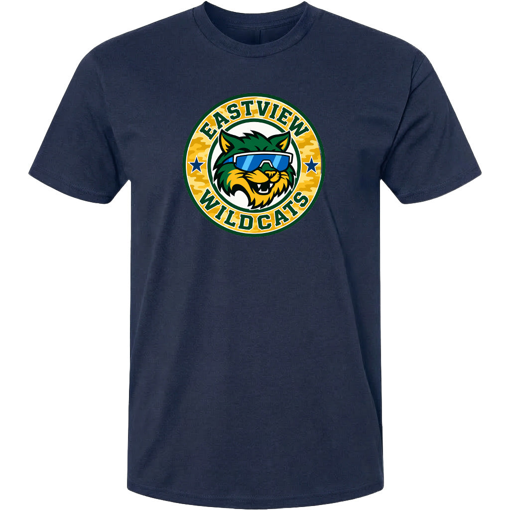 A navy blue t-shirt with a graphic design featuring a cartoon-style cat wearing sunglasses and the text "EASTVIEW WILDCATS" around it.