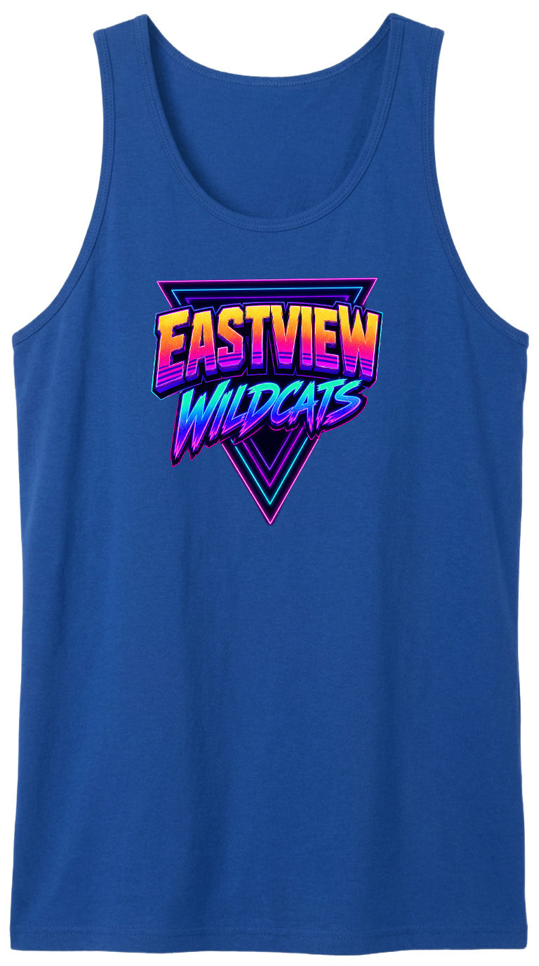 A blue tank top with a graphic design featuring the text "EASTVIEW WILDCATS" in a retro, neon-style font.