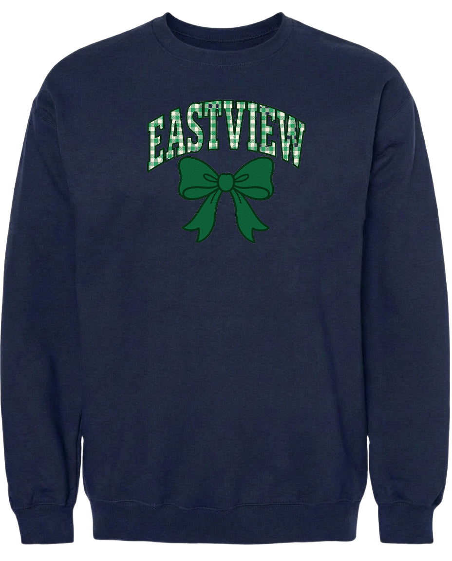 A navy blue sweatshirt with a green bow and the word "EASTVIEW" printed on it.