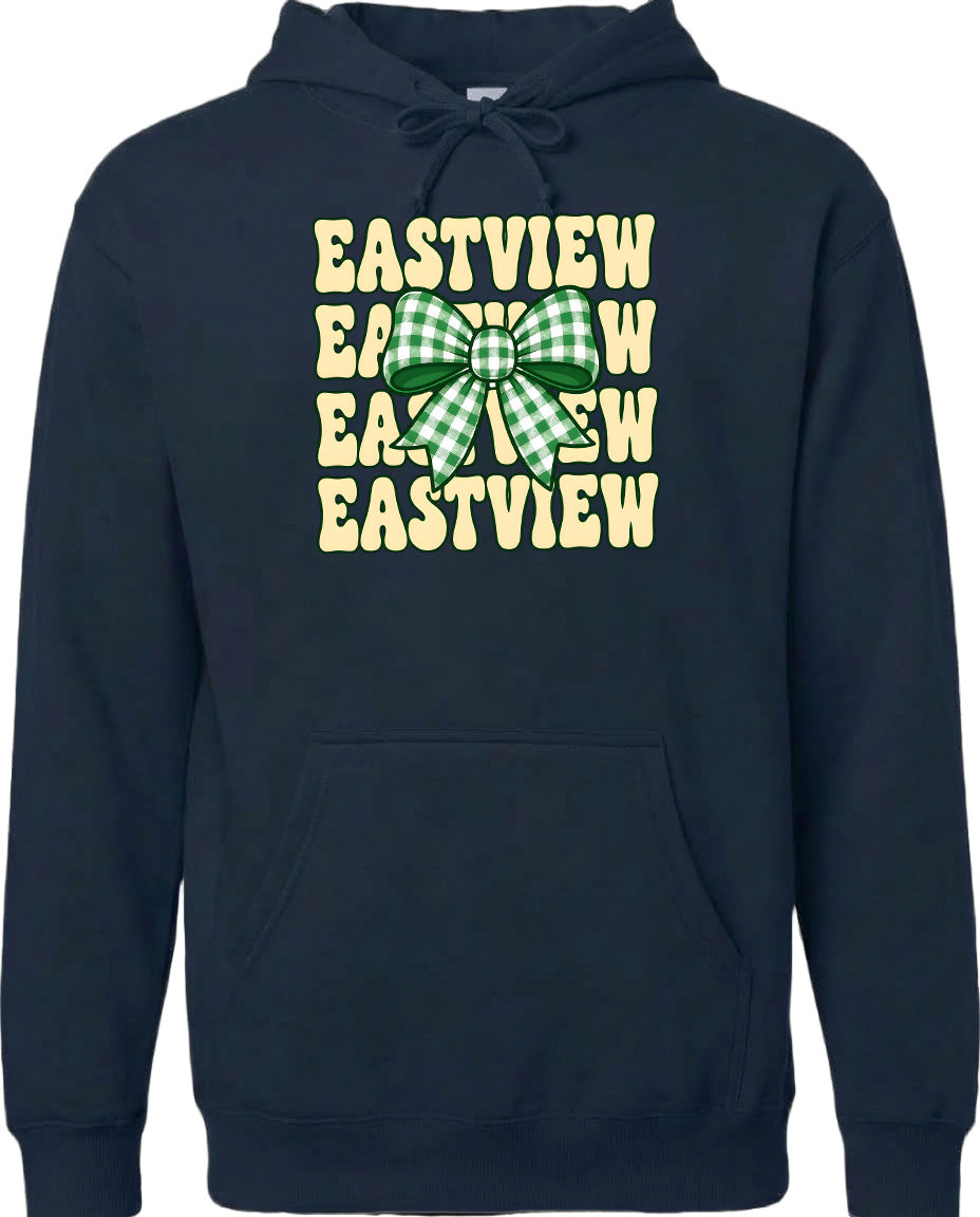 A navy blue hoodie with a graphic design featuring a green and white checkered bow on the front.