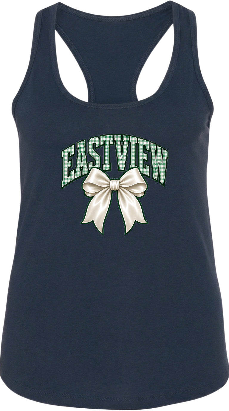 A navy blue tank top with a bow and the word "EASTVIEW" printed on it.