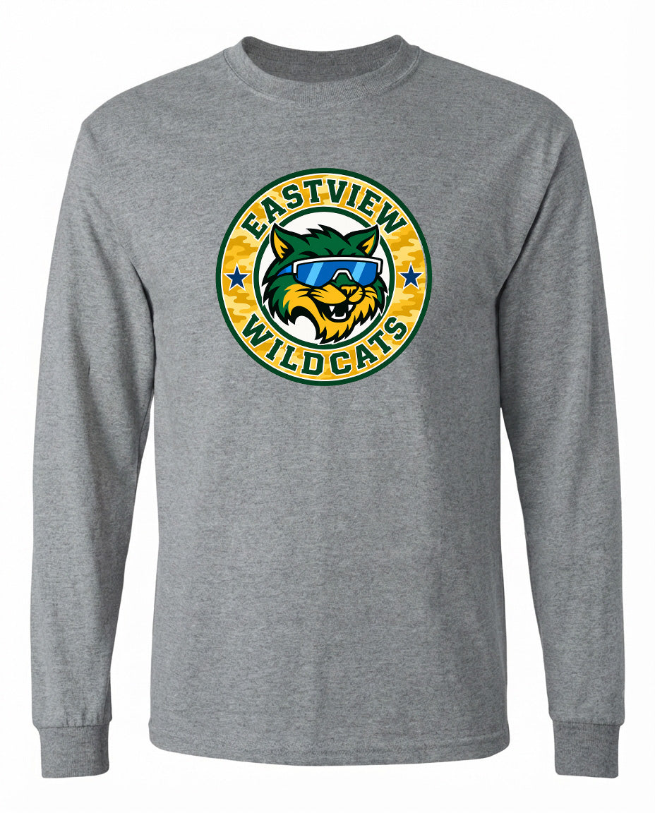 A gray long-sleeved t-shirt with a graphic design featuring a cartoon cat wearing sunglasses and the text "EASTVIEW WILDCATS" around it.