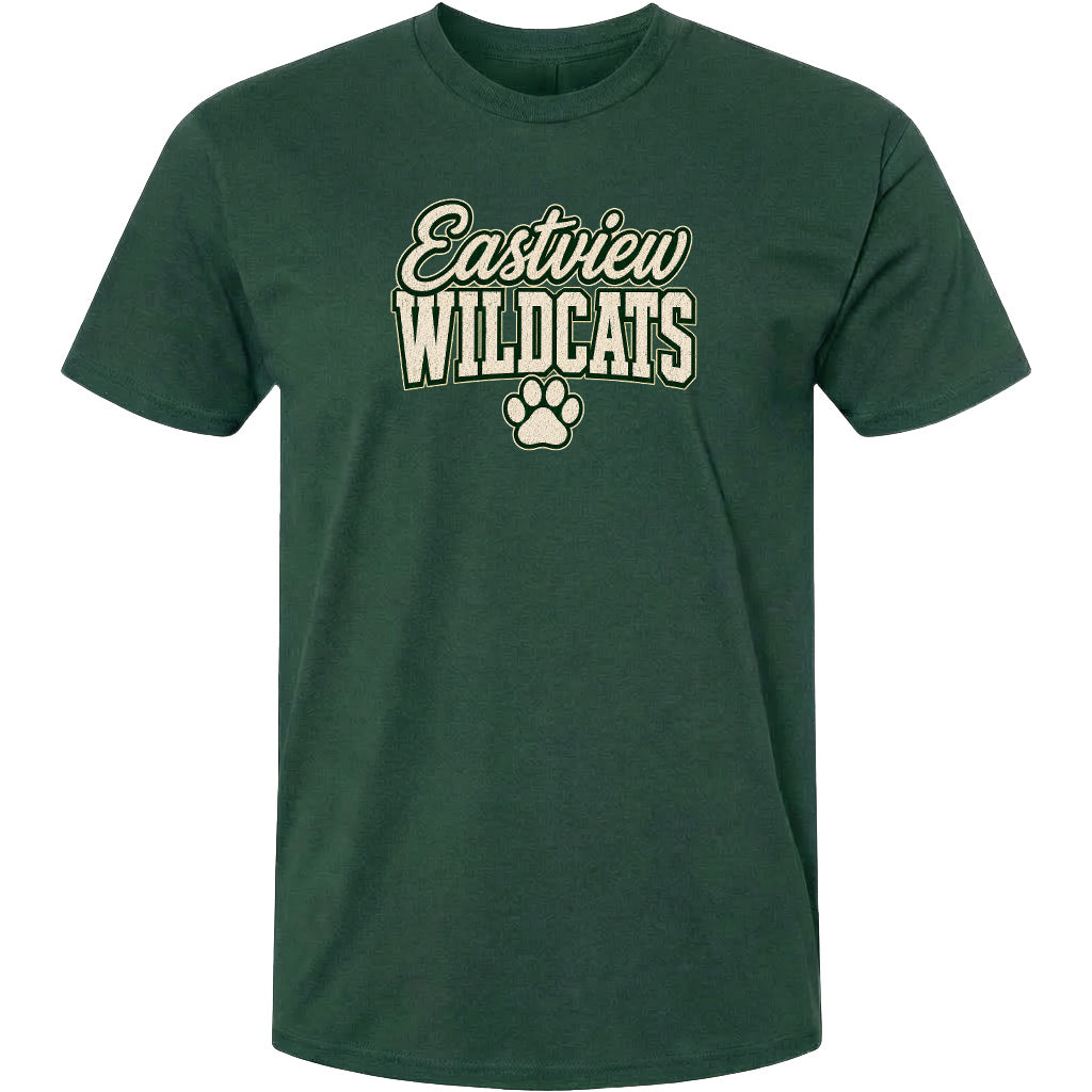 A dark green t-shirt with the text "Eastview Wildcats" printed on it.